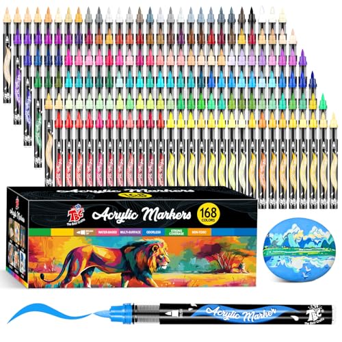 TBC The Best Crafts 168 Colors Acrylic Paint Markers Brush Tip Acrylic Paint Pens Automatic Ink ControlNo-Bleed Acrylic Markers Set for Rock Fabric Canvas Wood Art Supplies for Adults