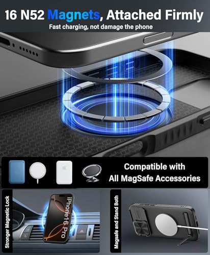 Image of Vihibii for iPhone 16 Pro Case with Slide Camera Lens Cover & Kickstand, [Compatible with MagSafe], Military-Grade Drop Protection, Shockproof Magnetic Phone Case for iPhone 16 Pro 6.3 inch 5g 2024, Black