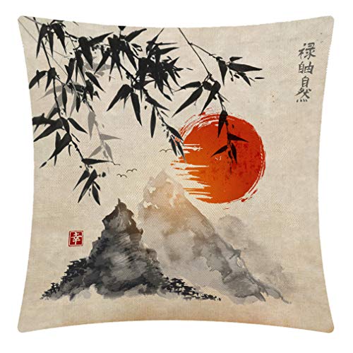 CANSEGO Japanse Bamboe Bomen Zon en Bergen Gooi Kussenhoes,Katoen Linnen Kussensloop Vierkante Standaard Thuis Decoratieve voor Sofa Slaapkamer Mannen/Vrouwen 18x18 Inch