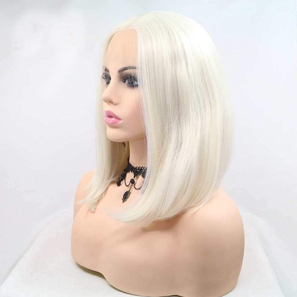 Kalisa Blonde Lace Front Bob Wig for Women White Blonde Middle Part Wig with Baby Hair Synthetic Blonde Short Bob Lace Wig Heat Resistant Fibre Cosplay Makeup Wigs 14 Inches Blonde White