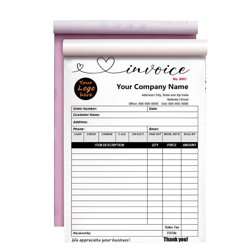 Carnet de factures de vente sans carbone personnalisé pour petites entreprises, carnet de reçus NCR personnalisé en 2 parties avec copies carbone, couverture pour ajouter le nom de l'entreprise,