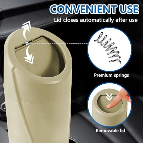 Image of Hovom Mini Car Trash Can with Lid, Portable Garbage Can for Car, Leakproof Cup Holder Automotive Garbage Bin with 2 Rolls of Trash Bags, Small Trash Storage Can for Car Home Office(Beige)