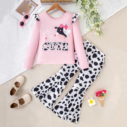 Image of Girl 2pcs set with ruffle sleeves top flared pants spring summer short sleeves 4-12Y