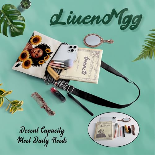 African American Messenger Bag Small Ethnic Pattern Printed Adjustable Strap Crossbody Zipper Pouch Sunflower Black Woman Phone Organizer Wallet Cute Shoulder Handbag for Black Women 7