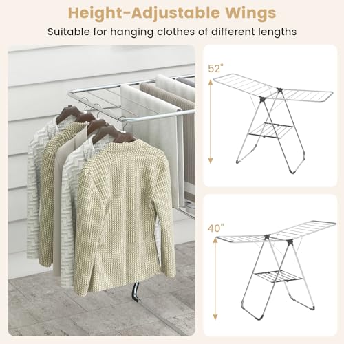 Image of Tangkula Collapsible Clothes Drying Rack, 2-Level Folding Aluminum Drying Rack w /Height-Adjustable Wings, Bottom Shoe Rack, Space-Saving Laundry Drying Rack for Indoor & Outdoor Use, Silver