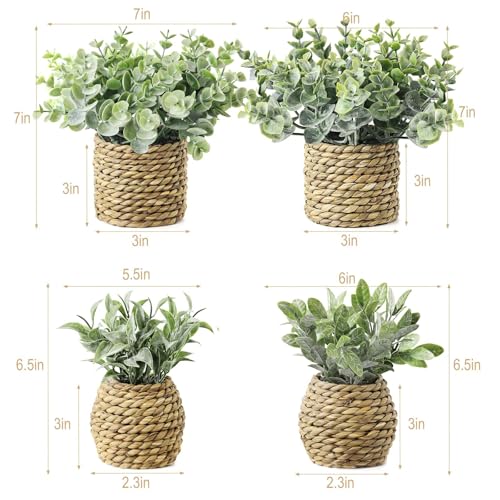 Small Fake Potted Plants: 7 Inches Artificial Plants with Seagrass Handwoven Planters, Indoor Farmhouse Spring Decorations, Eucalyptus Plant for Home Bathroom Office Shelf Tabletop Desk Room Decor - Image 3