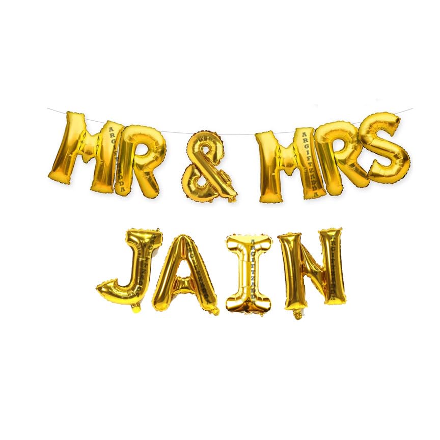 Image of AR GIFTZADDA inchMr and Mrs Jain inch Letter Alphabet Foil Balloon Golden Kit, Welcome Home Theme Party, Anniversary Foil Balloons, Just Married Welcome Balloons Decoartion (Mr & Mrs Jain)