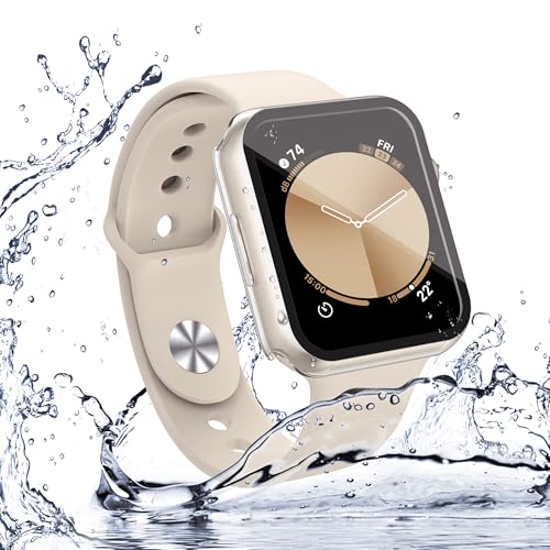 Image of Misxi [2 Pack] Waterproof Case with Button for Apple Watch SE (2025) SE 2 SE Series 6 Series 5 Series 4 44mm, Hard PC Cover with Tempered Glass Screen Protector for iWatch, 1 Starlight + 1 Transparent