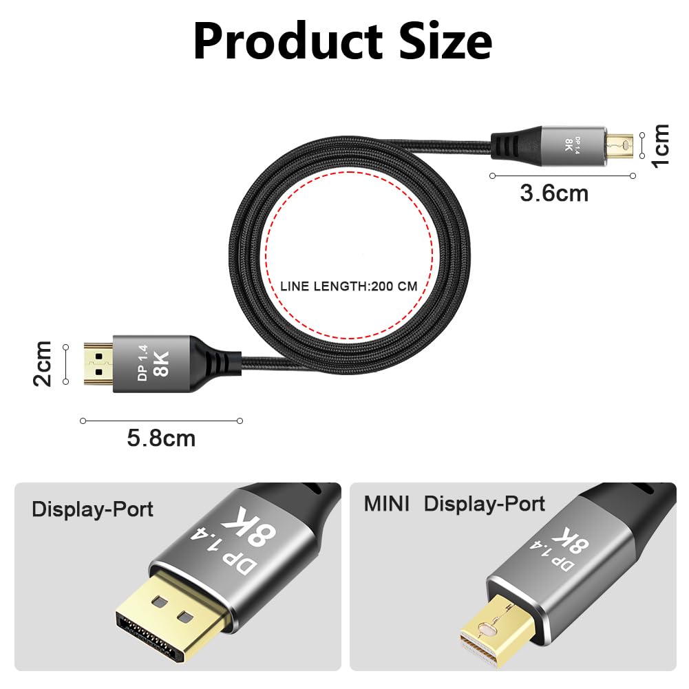 AXFEE Cable DisplayPort, 2 m 8 K 1,4 cable Mini DisplayPort a HDMI soporta 4 k@144 Hz/165 Hz, 2 k@240 Hz, 8 k@60 Hz, compatible con monitor de juego, tarjeta gráfica, TV, PC, ordenador portátil