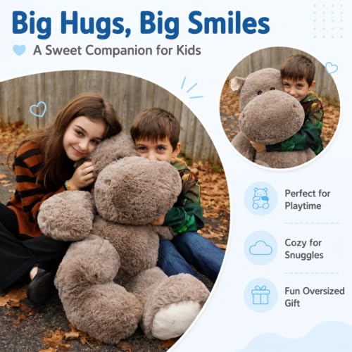 Image of BENINY 36 Inch Giant Hippo Stuffed Animal, Oversized Gray Hippo Plush Pillow, Soft Humongous Hippopotamus Toy Gift for Kids, Boys and Girls