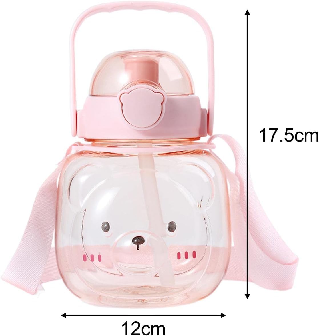 CherryBox Cute Teddy Bear Shape Straw Water Bottle with Handle and Carry Strap for Kids 900 ML (Pink) 1