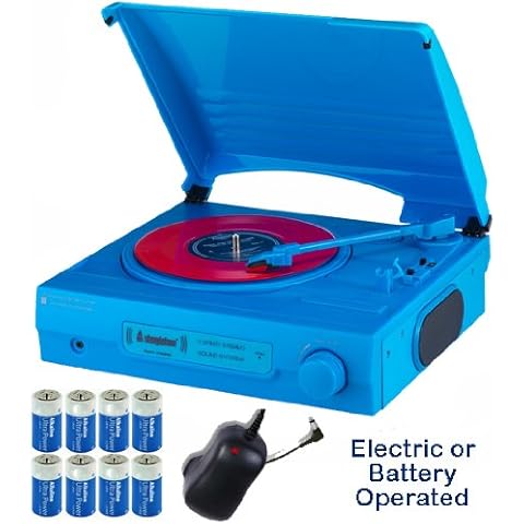 Nostalgic 08 Retro Record Player 1980's Style Stand-Alone - no separate amp needed - With built-in stereo speakers - Mains Electric & Battery - Portable Turntable with Carry Handle (Blue) Cover