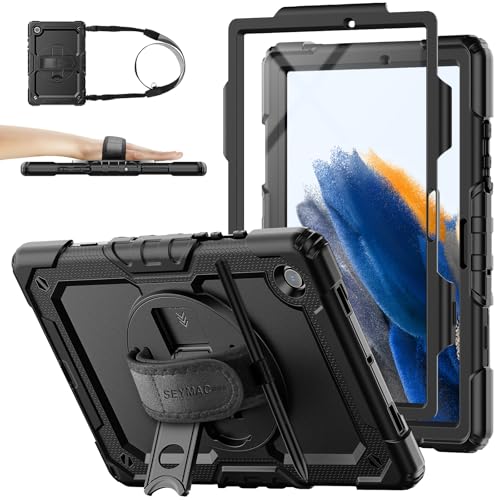 SEYMAC stock Hülle für Samsung Galaxy Tab A8 10 5 Zoll Stoßfeste Hülle mit Displayschutz 360 Drehbarer Ständer/Handschlaufe Stifthalter & Schultergurt Schwarz
