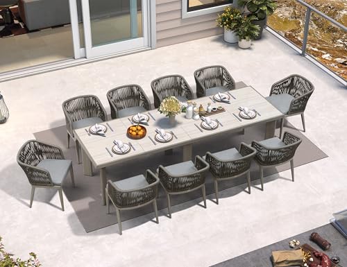 Image of PURPLE LEAF Outdoor Dining Set for 10 with Sunbrella Cushion Armchairs Grey