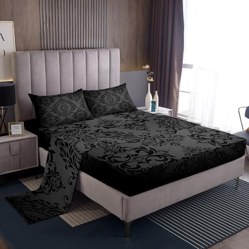 Homemissing Adulti Nero Vintage Damasco Floreale Orientale Antique con Deep Pocket Boho Boho Floral Lenzuolo Bohemian Exotic Set Lenzuola 135x200cm 4Pz