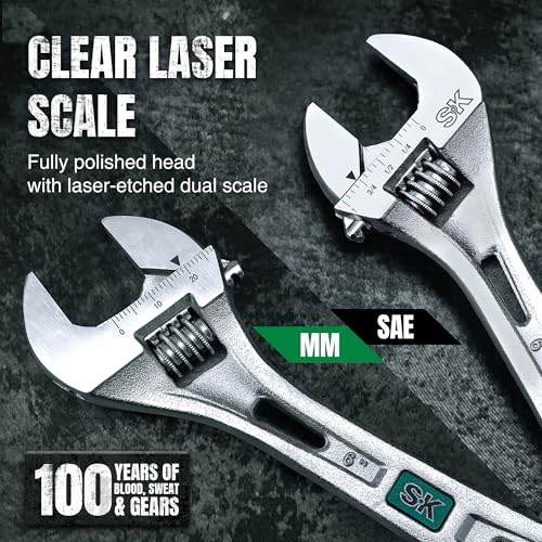 Image of SK 6-Inch Adjustable Wrench, 15 /16 inch Jaw Capacity, SAE&Metric Scales | X-Frame Handle, Precision Jaw, Heat Treated CR-V Steel, Chrome-Plated Rust Resistant Finish