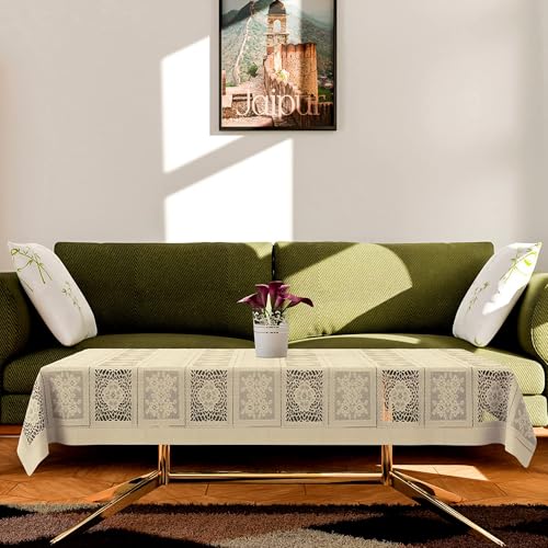 Image of Kuber Industries Center Table Cover | 40x60 Inch | Net Table Cloth 4 Seater | Kitchen Tea Tabletop Cloth | Table Cover for Hall, Home Decor| Square Flower-Cream