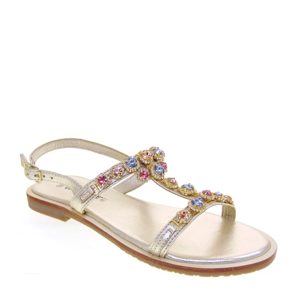 Valleverde, Sandali Eleganti da Donna, Decorati con Cristalli Colorati, Cinturino alla Caviglia, Oro