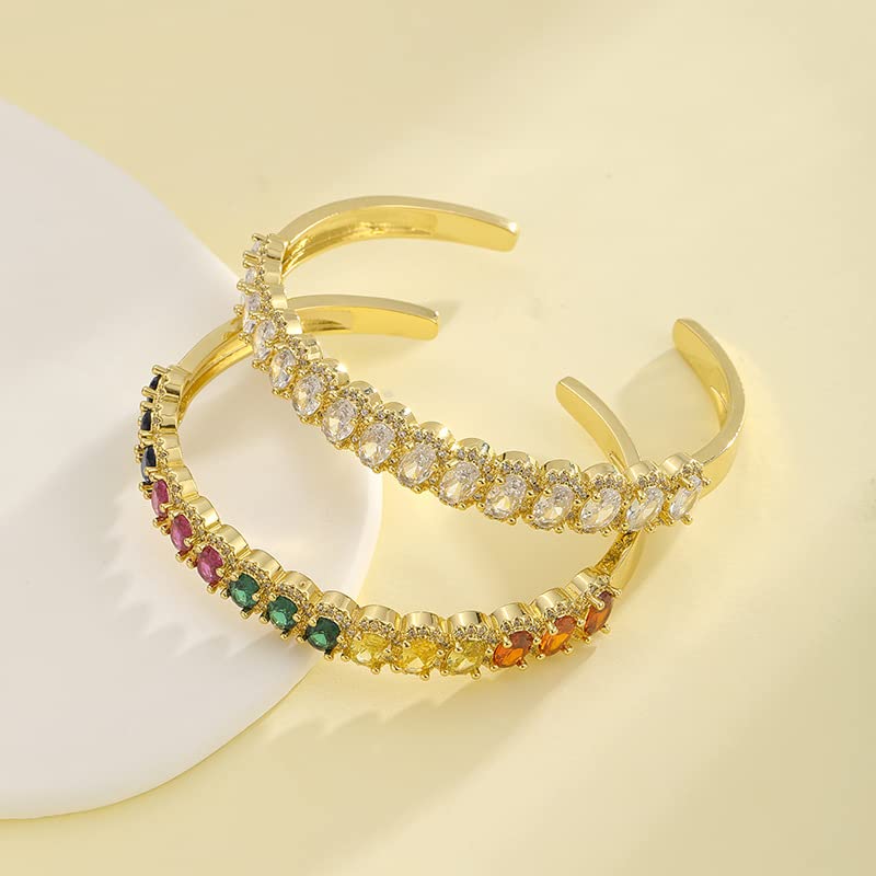 Dainty 14K Yellow Gold & Crystal Open Cuff Bangle for Women, Pave Setting with Natural Oval Crystal, Elegant Open Bangle Bracelet, Stylish Christmas Jewelry Gift, Classic Dress Accessory4