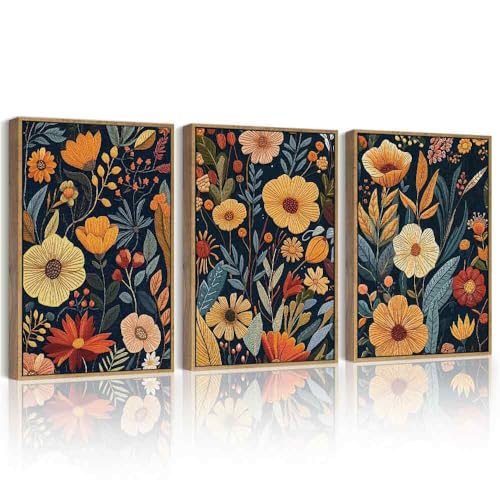 PHOPAGO Vintage Flower Framed Wall Art Set Boho Colorful Floral Wall Decor Retro Botanical Wildflower Modern Art Prints Room Decor - 11x14in Natural Framed