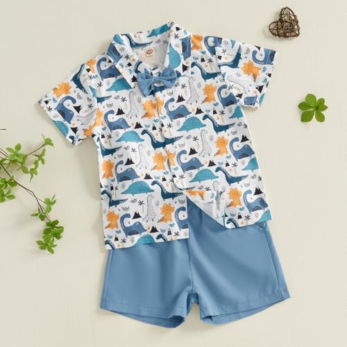 Image of Owl's-Yard Baby Boy Easter Outfits Rabbit Carrot Short Sleeve Button Down Shirts and Solid Color Shorts 2 Pcs Summer Set