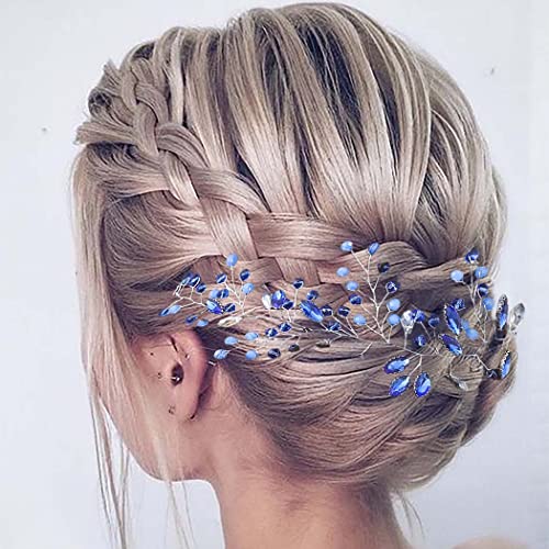 Flayem Wedding Hair Vine Blue Rhinestones Leaf Bridal Crystals Headpiece Crystal Tiara Headband Evening Party Prom - Image 4