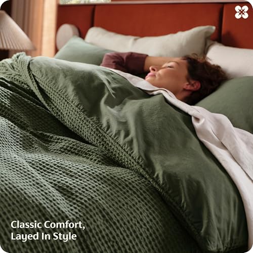 Image of Bedsure Cotton Duvet Cover Queen Size - 100% Cotton Waffle Weave Olive Green Duvet Cover, PureWoven Textured Breathable Bedding Comforter Cover for All Season, 1 Duvet Cover Only 90 inchx90 inch