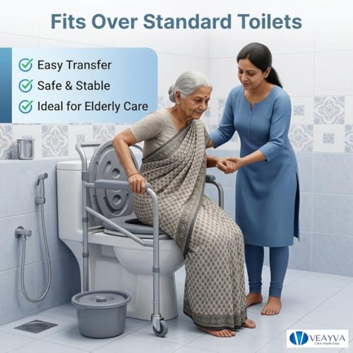 Image of Veayva Height Adjustable Commode Chair With Wheels With Removable Bucket And Locable Wheels- Ideal For Elderly And Disabled Can Roll Over Commode, Grey