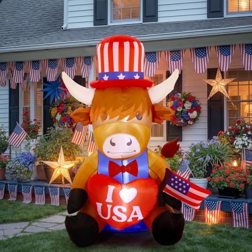 Sosation 5ft 4th of July Patriotic Inflatable Highland Cow 250th Anniversary with LED Lights USA Red White Blue Blow up Lighted Yard Decor for Holiday Indoor Outdoor Lawn Garden Party