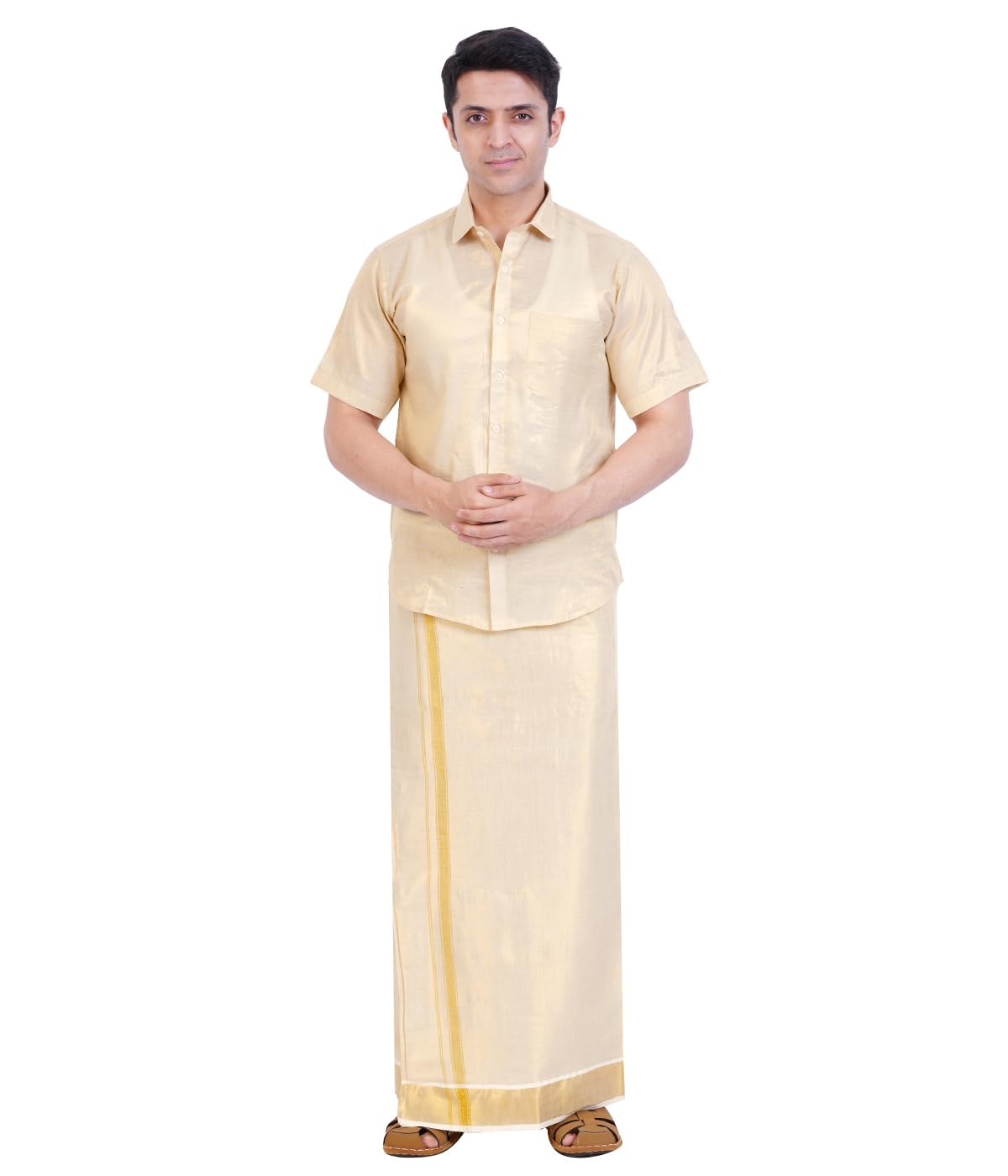 Men's Traditional Indian Shirt and Dhoti Set, Half Sleeves Tissue Silk Cotton Shirt With Double Dhoti 4 metres for men