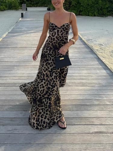 Image of Women Elegant Leopard Spaghetti Strap Maxi Dress Summer Backless Sexy Slip Long Dresses
