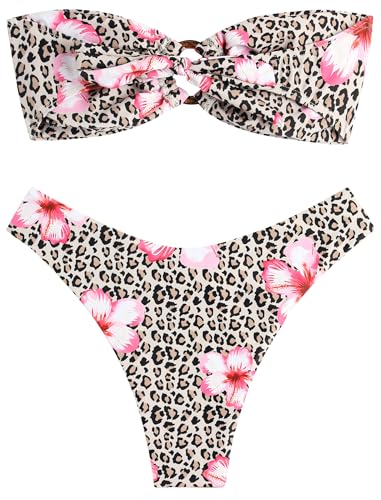 Image of ZAFUL Women's Bandeau Bikini O Ring Strapless Tie Back High Cut Two Piece Swimsuit Bathing Suits