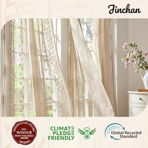 Image of jinchan Winslow Sheer Curtains 63 Inch Length for Dorm Bedroom Bordered Floral Pattern Decorations Short Curtains Light Filtering Window Treatments, 50W x 63L, Ivory on Beige, 2 Panels