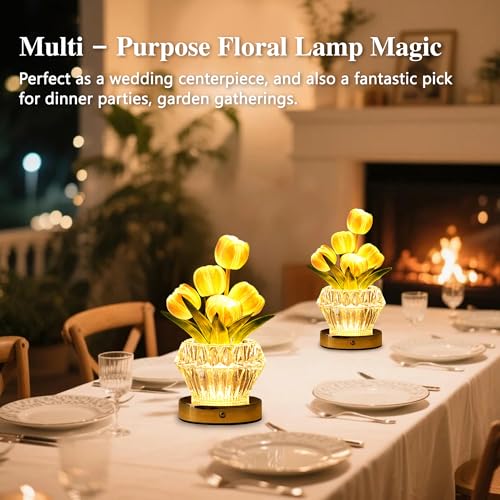 Image of Artificial Purple Tulip Flower Lamp Night Light with Crystal Vase, Gifts for Women Mom Grandma Girlfriend Birthday Christmas Valentines Mothers Day Bedroom Home Shop Cafe Decor