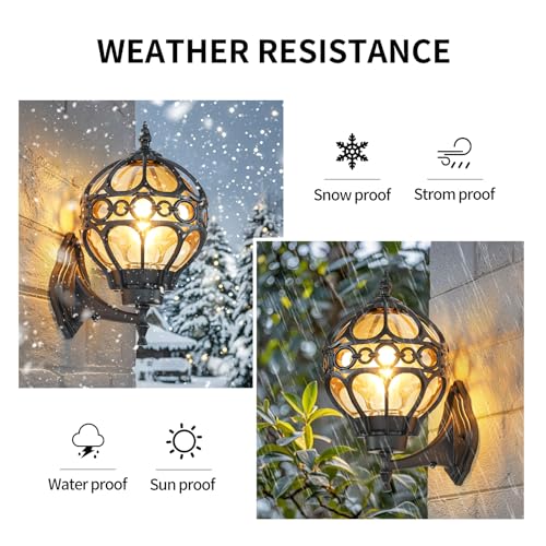 Dusk to Dawn Outdoor Lighting, Black Porch Wall Lights, Black Globe Aluminum Exterior House Lantern Wall Mount with Amber Glass, Anti-Rust Waterproof Outside Light Fixtures for Patio Doorway Garage