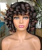 PRETTISEST Curly Afro Short Wig with Bangs for Black Women Daily Use Fiber Ombre Brown Kinky Curly...