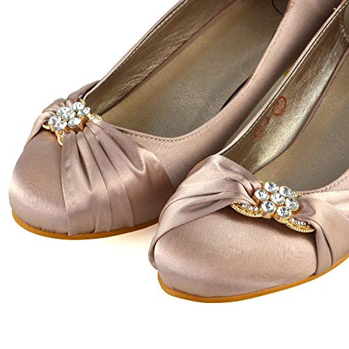 ESSEX GLAM Womens Bridal Pumps Satin Diamante Brooch Slip On Shoes - Image 4