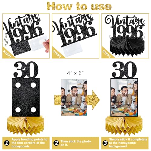 Image of Eucutur 8Pcs 30th Birthday Decorations Honeycomb Centerpieces for Women Men, Black Gold Vintage 1996 30th Bday Photo Table Centerpieces Party Supplies, Glitter Cheers to 30 Year Old Bday Table Topper