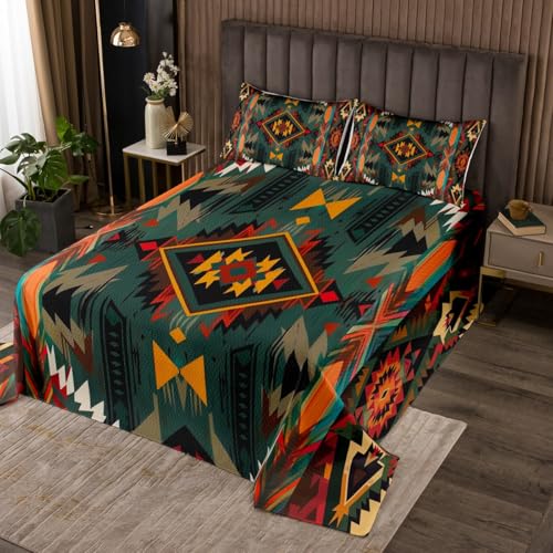 jejeloiu Southwest Geometric Bedspread Twin Size Kids Tribal Native Design Coverlet Set for Boys Girls Deep Green Quilted Coverlet Breathable Soft Lightweight Microfiber Room Decor