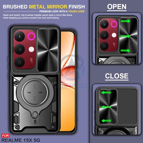 Image of AESTMO Armor realme 15X 5g / C85 5g Bumper Back Case Cover | Ring Holder & CD Pattern Sliding Camera Shutter Cover | Back Case Cover for realme 15X 5g / C85 5g (Black)