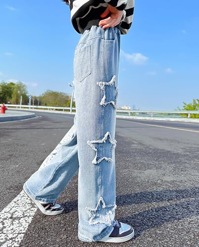 HBER Kids Girls Cute Star Jeans Elastic Waist Wide Leg Pull On Jeans Baggy Denim Pants for Teen Girls 5-14 Years2