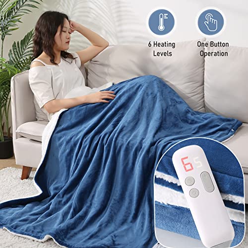 Electric Blanket 50'' X 60''Flannel & Sherpa Throw Fast Heating Heated Blanket With 6 Heating Levels & 5 Hours Auto Off, Home Office Use, Blue & White #TOP1