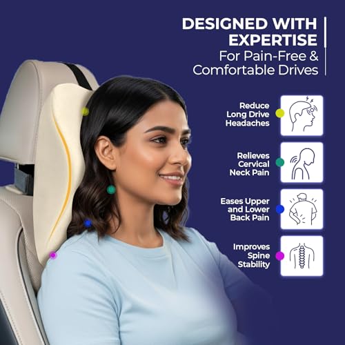 Image of WELLGIVER Orthopedic Memory Foam Car Neck Rest Pillow - Cervical Support Cushion for Neck Pain Relief, Adjustable Strap - Universal Fit for All Cars | Beige Velvet | Pack of 2
