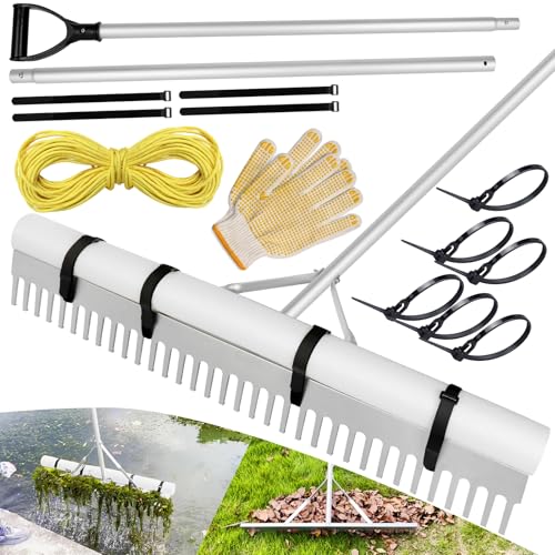 Pond Rake 36 Aquatic Lake Weed Rake with 11(132) Adjustable Extension Pole Rope and Float 52 Throw Aluminum Landscape Harrow for Lake Lawns Gardens Beach
