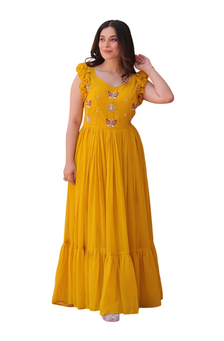 Womens Red Color Multi Thread Embroidery Georgette Long Full Flair Gown Festival Wear Gown