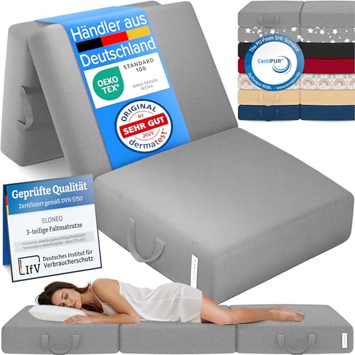 ELONEO Klappmatratze, Gästematratze, 3-teilige Faltmatratze, Schaumstoff extra dick (15cm), waschbar, Bandscheibenwürfel, klappbar, Faltbare Matratze, Erwachsene (Grau, 75 x 195 x 15 cm)