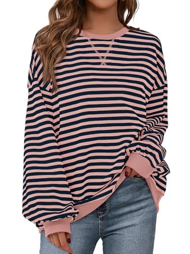 Image of PRETTYGARDEN Womens Striped Oversized Sweatshirt Color Block Crew Neck Long Sleeve Casual Loose Pullover Top Y2K Clothes