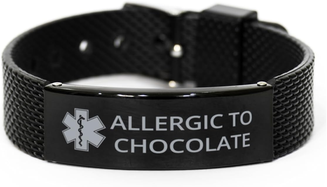 Medical Alert Black Shark Mesh Bracelet, Allergic to Chocolate Awareness, SOS Emergency Health Life Alert ID Engraved Stainless Steel Adjustable Bracelet For Men Women