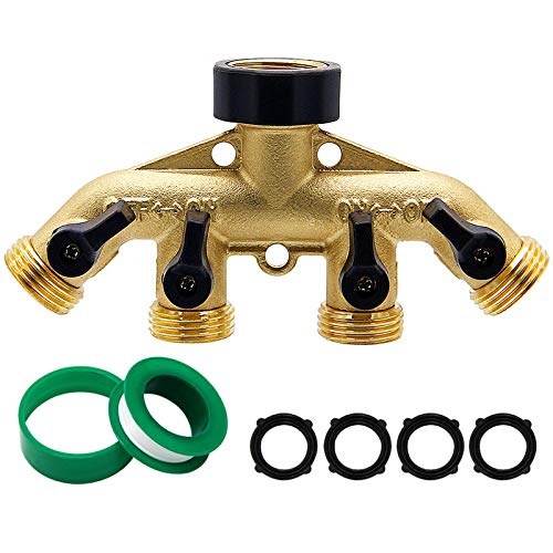 Biswing 4 Way Brass Hose Splitter 3/4 Brass Hose Faucet Manifold Garden Hose Adapter Connector Hose Spigot Adapter with 4 Valves