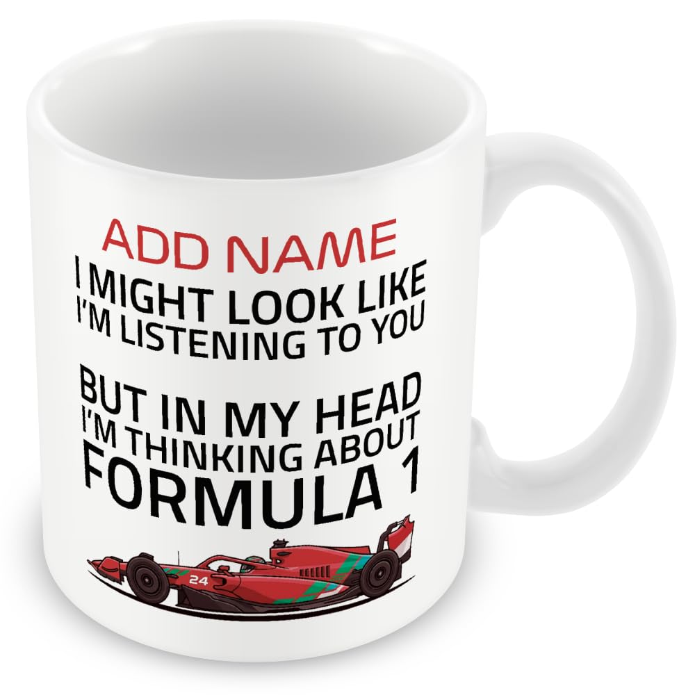 MUGGZ Personalised Formula Racing Mug, Funny Motorsport Gift, Racing Fan Cup, Optional Name, Colour Handle, Coaster, Card, Orange Cyan Blue Red